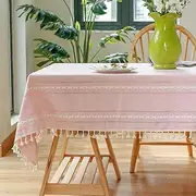 Plobeca Rustic Farmhouse Cotton Linen tablecloths,Wrinkle Resistant Dining Room Table Cloths with Tassels for Rectangle Tables Dining Room Decoration (Pink, 110x170cm)