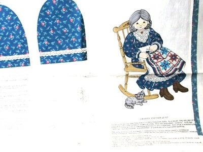 VTG Cotton Sewing Panel Granny and her Quilt Kitty Cat Cut Sew Stuff Mothers Day