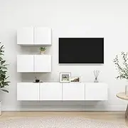 White TV Stand Set - 4 Piece Engineered Wood TV Cabinets for Entertainment, Media Storage, Living Room, Modern Televisor Furniture, Bedroom Shelf