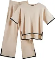[GOLDSTITCH] Women's Summer Two Piece Outfits Casual Short Sleeve Knit Tops Wide Leg Pants Lounge Sets Tracksuits