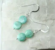 Amazonite Blue 8mm Coin Shape Flat Gemstone .925 Sterling Silver Earrings 1 3/8"