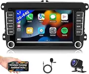 Android 11.0 Double Din Car Stereo with Apple Carplay(Wireless)/Android Auto for VW Jetta Seat Passat Tiguan CC Golf Skoda 7” HD Touchscreen Headunit GPS WiFi Bluetooth SWC FM with Backup Camera 2+32G