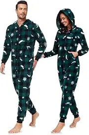COLORFULLEAF Couples Matching Christmas Pajamas Hoodie Fleece Onesie Plaid Union Suit Full Zipper Jumpsuits with Pockets