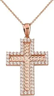 [Claddagh Gold] Religious Jewelry 14k Rose Gold Cuban Link Chain Cross Cubic Zirconia CZ Pendant Necklace, 16", Rose Gold Cubic Zirconia, Cubic Zirconia