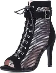 [HOBTEC] Women's Ankle Dance Boots Open Toe Performance Ballroom Party Lace-up Latin Salsa Dancing Heels