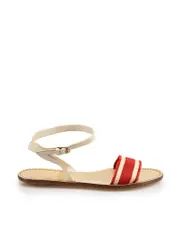 White Leather Red Canvas Web Sandals