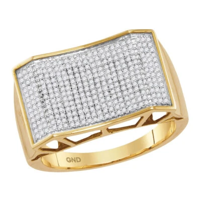 10kt Yellow Gold Mens Round Pave-set Diamond Rectangle Convex Cluster Ring