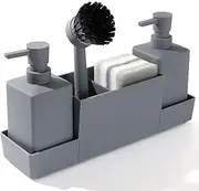 Kitchen Soap Dispenser with Sponge Holder Set for Sink Caddy, Hand Soap and Dish Soap Dispenser with Brush Matte Grey