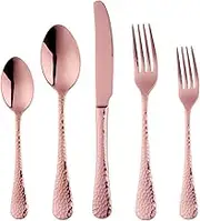 Bisda Copper Silverware Set, 20 Piece Premium 18/8 Stainless Steel Hammered Kitchen Utensil Flatware Cutlery Sets of 4, Mirror Polish, Dishwasher Safe