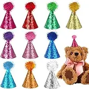 10Pcs Multi-Color Mini Party Hats for Stuffed Animals Mini Party Hats with Adjustable Strap Glitter Dog Cat Birthday Hat Partys Cone Hat with Tinsel Pom for Kitten Rabbit Birthday Cake Accessories