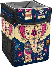 Car Trash Can with Lid and Storage Pockets Leak-Proof Organizer,Waterproof Garbage Can,Cute Cartoon Floral Elephant