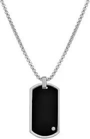 [Geoffrey Beene] Stainless Steel Men's Engravable Dog Tag Pendant Box Chain Necklace with Cubic Zirconia Stone