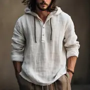 Cotton Linen Shirts Men Thin Hooded Hoodie Spring Autumn Long Sleeve Pullovers Solid White Blue Casual Daily Clothing L