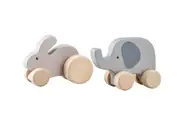 Set of 2 - Wooden Wheelie Rabbit & Elephant Toys