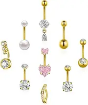 [BSJ4U] Gold Silver Belly Button Ring Surgical Stainless Steel Belly Rings for Women Pink Heart Clicker Pearl CZ Teardrop Dangle Navel Belly Button Piercing Jewelry