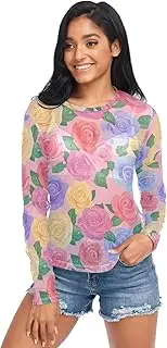 [AIXIWAWA] Women Long Sleeve Mesh Sheer Top Roses Pattern, Sexy See-Through Blouse for Party Evening Wear S
