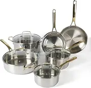 Martha Stewart Castelle 10 Piece Stainless Steel Induction Safe Pots and Pans Non-Toxic Kitchen Cookware Set - Gold Handles