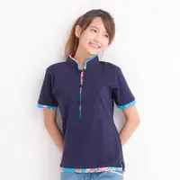在飛比找蝦皮購物優惠-中國風女拼花布藏青色短袖中式POLO衫~五四衫拼淺藍客家花布