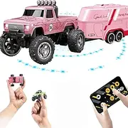 Mini Rc Monster Truck, Mini Rc Monster Truck 1/64, 1/64 Scale Alloy Rc Big Wheel Truck, Mini Rc Monster Truck with Trailer, Remote Control Car 2.4ghz Monster Truck (with Trailer Box,Pink)