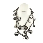 St. John Designer Signed Vintage 1990s Silver-Tone Coin Charm Necklace 44 inch C