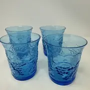4 Aqua Blue On The Rocks Juice Glasses Vintage 4.5 Inch Vintage Grapes