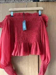 BNWT AllSaints Red Lara Top Size UK 16 US 12 off shoulder bardot big sleeves