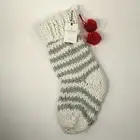 Hearth and Hand Magnolia Xmas Stocking - White/Silver Green Stripe Knit+Red Poms