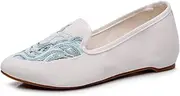 [GHAKKE] Fashion Crane Embroidered Women Shoes Casual Slip-on Walking Shoes Chinese Style Traditional Old Beijing Cloth Shoes Lightweight Comfort Pointed Toe Flat Shoes(White,6.5)