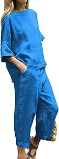[HanzhuoLG] Women's Cotton Linen Tracksuit Set Summer Solid Color Casual Loose Half Sleeve Linen Shirt & Pants Two Piece Set Blue Small