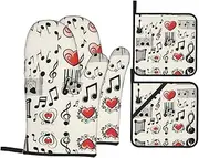 Music Symbols Love Oven Mitts and Potholders BBQ Gloves and Holders for Cooking Baking (4-Piece Set)