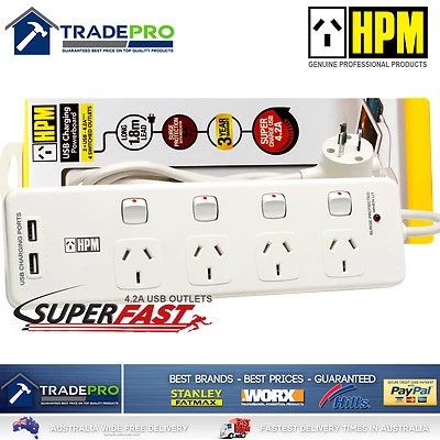 Power Board Surge Protector HPM Smart Fast USB 4 Outlet Ind Switched 3689940
