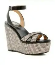 Vince Camuto Womens Black Tan Leather Open Toe Wedge Platform Sandals Sz 8.5 NIB