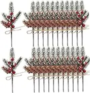 Artificial Pine Branches 24Pcs Christmas Trident Pine Branches with Red Berries & Pinecone 3.5x7 Christmas Greenery with Ribbon for Gift Wrapping, Wreath Making, Decor