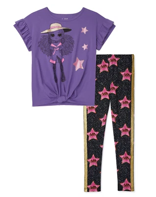 L.O.L. Surprise Girls Front Tie Ruffle Short Sleeve T-Shirt & Leggings 2 Pc Set