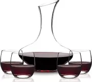 Eternal Living 5pc Wine Decanter Carafe Aerator w/ Stemless Wine Glasses