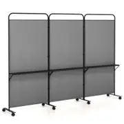 Costway 262x188cm 3-Panel Folding Room Divider Rolling Privacy Screen Grey