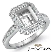 Halo Pave Emerald Shape Semi Mount Diamond Engagement 18k White Gold Ring 1Ctw