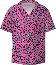[VPPUR] Cute Leopard Print Fashion Short Sleeve Button Down Cuban Collar Shirt Left Chest Convenient Pocket