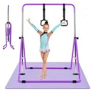 Advwin Foldable Gymnastics Bar, Expandable Horizontal Bars with Mat & Rings, Adjustable Height Junior Training Bar Monkey Kip Bar for Kids, 70KG Max Load, Purple