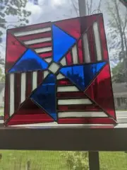 PATRIOTIC HANDCRAFTED STAINED GLASS SUNCATCHER PANEL PINWHEEL SQUARE 8.5"