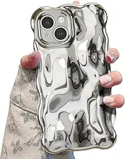 UEEBAI Case for iPhone 13 6.1 inch, Cute Solid Color Curly Wave Shape Shockproof Soft Bumper Phone Case, Candy Water Ripple 3D Silicon Slim Pretty Case Aesthetic Cover, Silver