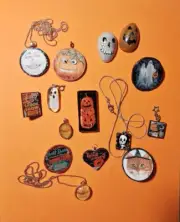 Set of 15 Handmade Halloween Pins Magent & Necklaces Moonface Skeleton Pumpkin