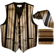 New Men's vertical stripes Tuxedo Vest Waistcoat_tie & hankie black mocca brown