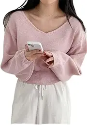 [DANCOLOR] Solid Drop Shoulder Crop Sweater - Casual V Neck Long Sleeve Pullover