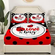 Homewish Ladybug Bedding Set Twin Size Wave Point Bed Set for Girls Teens Bedroom Decor Kids Red and Black Fitted Sheet Soft Microfiber Cute Ladybug Bed Cover(1 Fitted Sheet+1 Pillow Case)