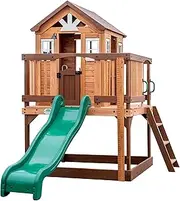 Backyard Discovery Echo Heights Elevated Cedar Cubby House, Play Kitchen, Powered Blender, Working Bell, 6 ft Wave Slide, Wrap-Around Deck, Flat Step Ladder, Growth Chart