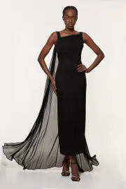 Viscose Cady Backless Bodycon Maxi Dress With Detachable Viscose Georgette Cape