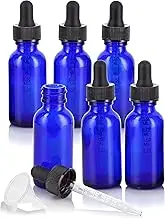 1 oz / 30 ml Cobalt Blue Glass Boston Round Bottle with Graduated Measurement Glass Dropper (6 pack) + Funnel