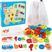 Coogam See Spelling Learning Toy Wooden ABC Alphabet Flash Cards Matching Shape Letter Games Montessori Preschool STEM Educational Toys for Toddler Kids Baby
