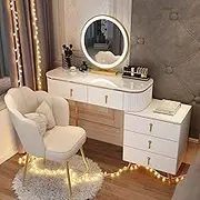 Vanity Desk,Dressing Table with LED Mirror and Chair,Makeup Vanity Table with 5 Drawers,Telescopic Dresser,Lots Storage,for Bedroom(100cm)